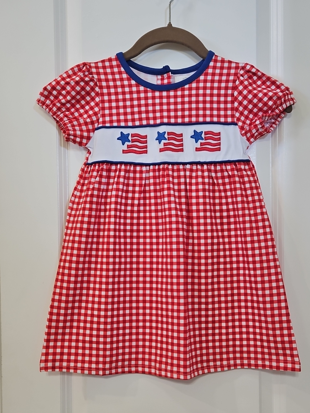 Girls 4th Of July Gingham Dress with Blue Trim